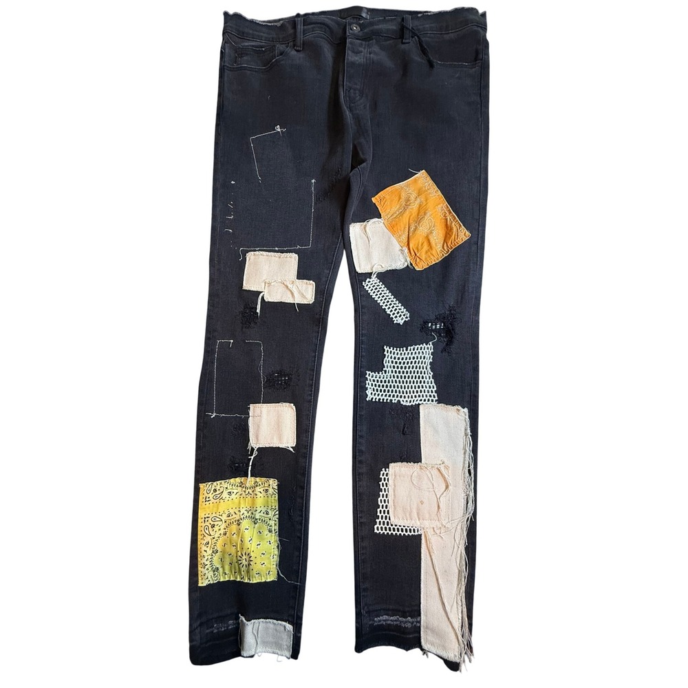 Valabasas Mens Black Patchwork Stacked Skinny Distressed Bandana Jeans Size 38